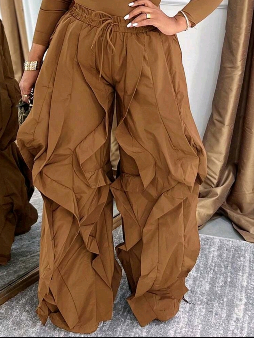 Women's Ruffled Wide-Leg Pants - Elastic Waist With Drawstring & Voluminous